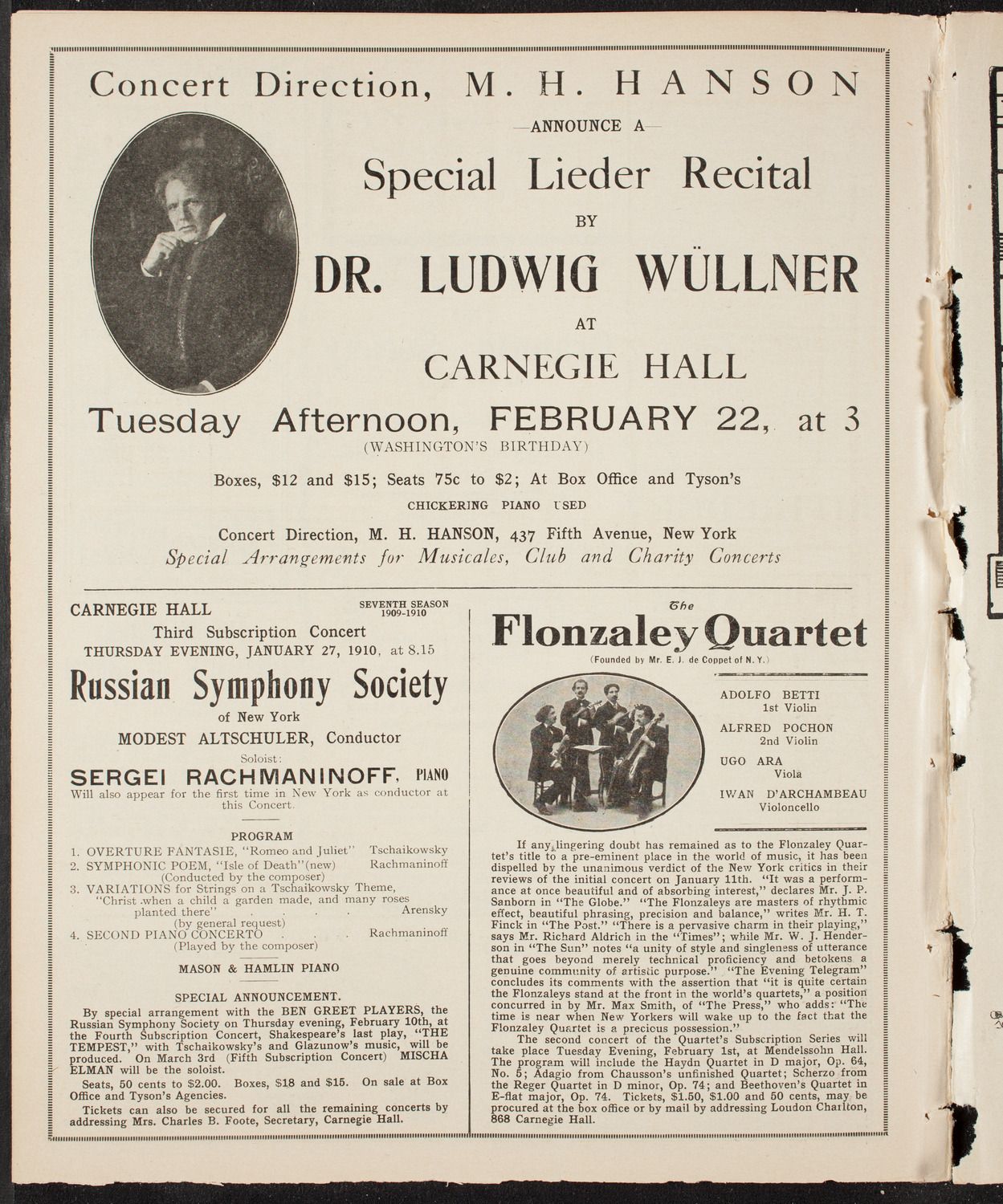 Ferruccio Busoni, Piano, January 25, 1910, program page 10