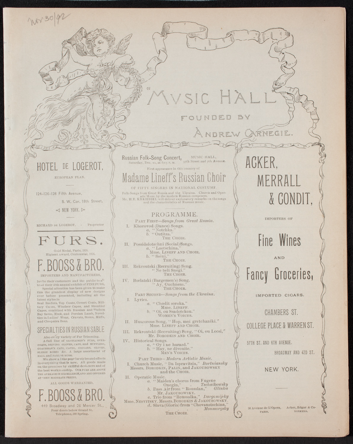 New York Athletic Club Minstrel Show, November 30, 1892, program page 1