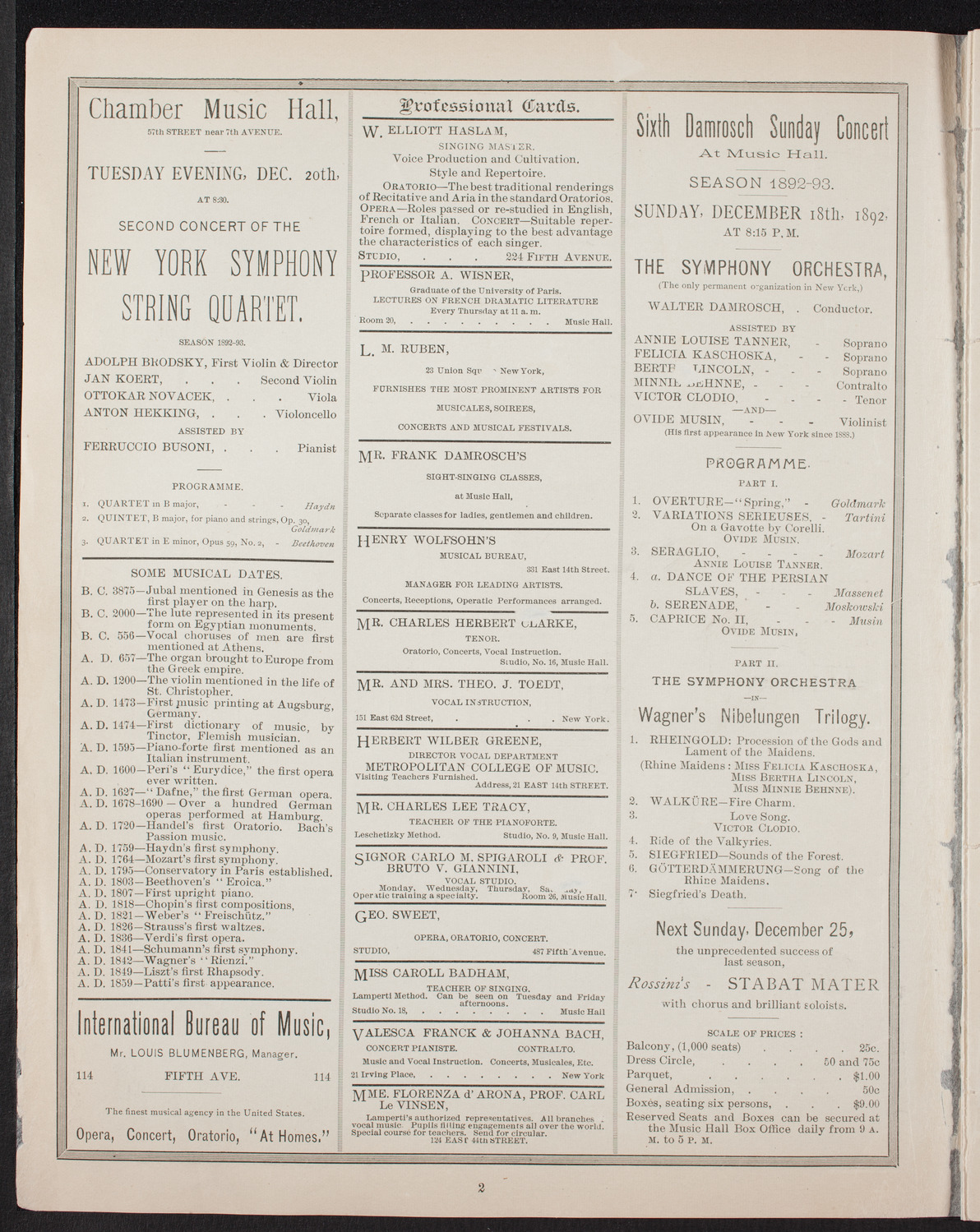 New York Banks' Glee Club, December 14, 1892, program page 2