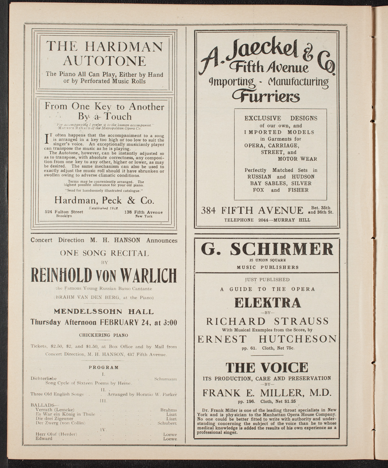 Mischa Elman, Violin, February 19, 1910, program page 8