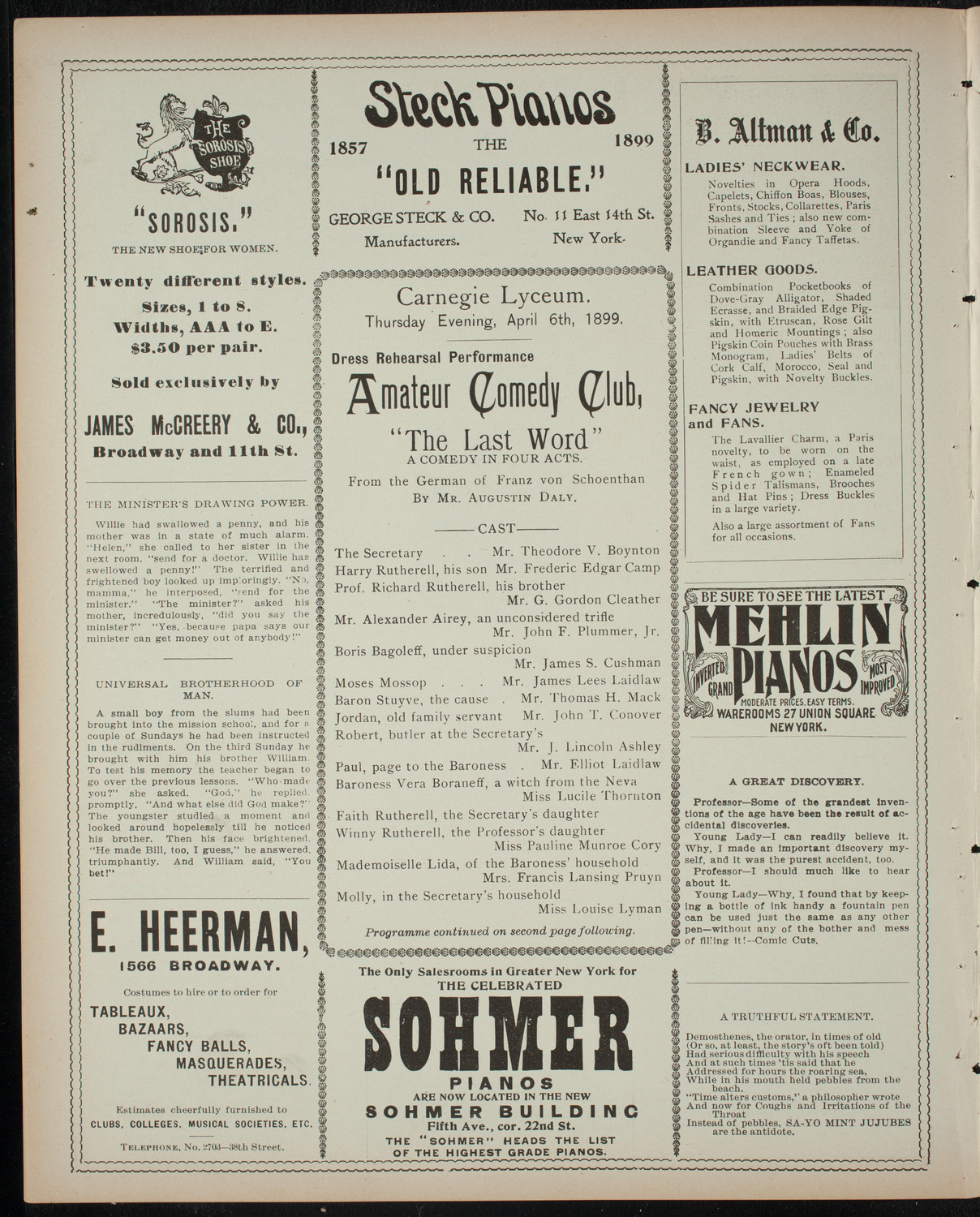 Amateur Comedy Club, April 6, 1899, program page 4