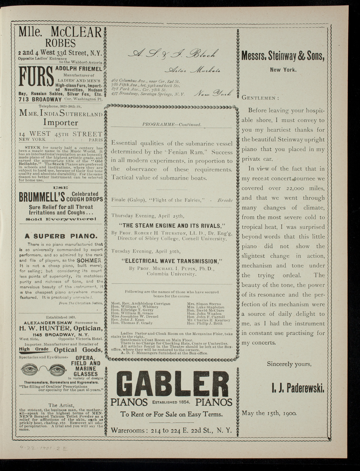 Lecture by Mr. John P. Holland, April 22, 1901, program page 3