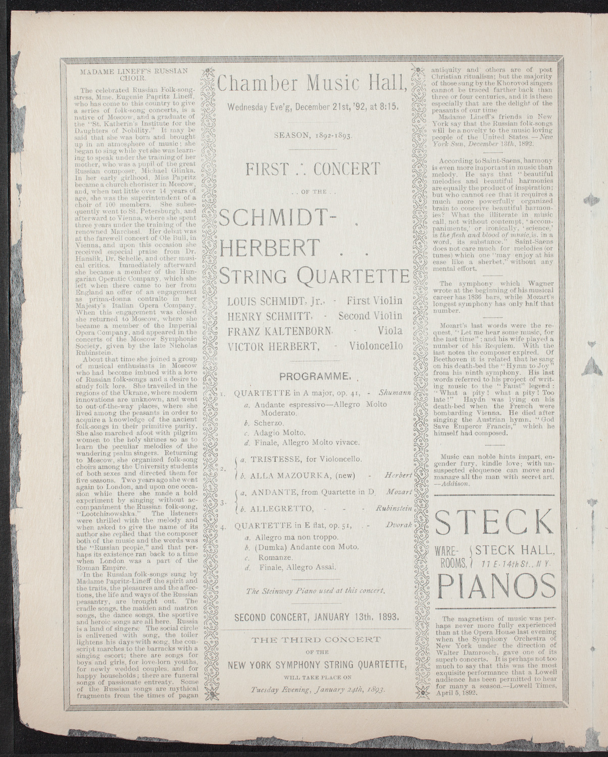 Schmidt-Herbert String Quartet, December 21, 1892, program page 2