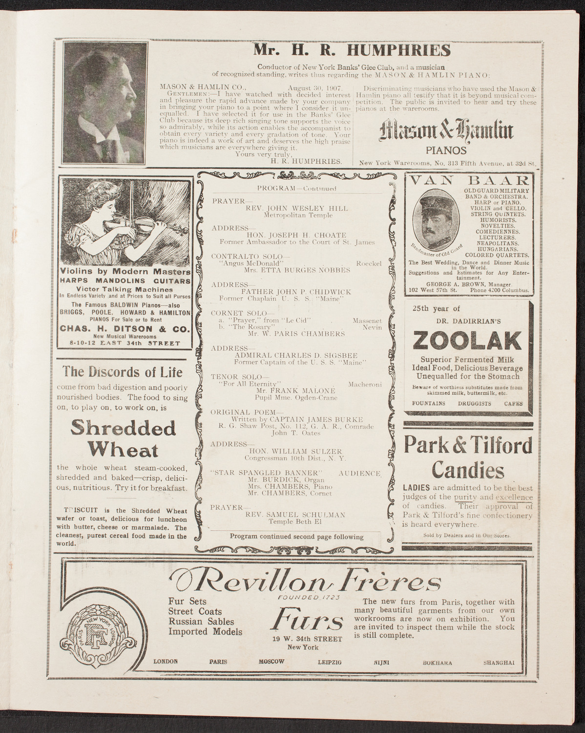 Maine Memorial Service, February 20, 1910, program page 11