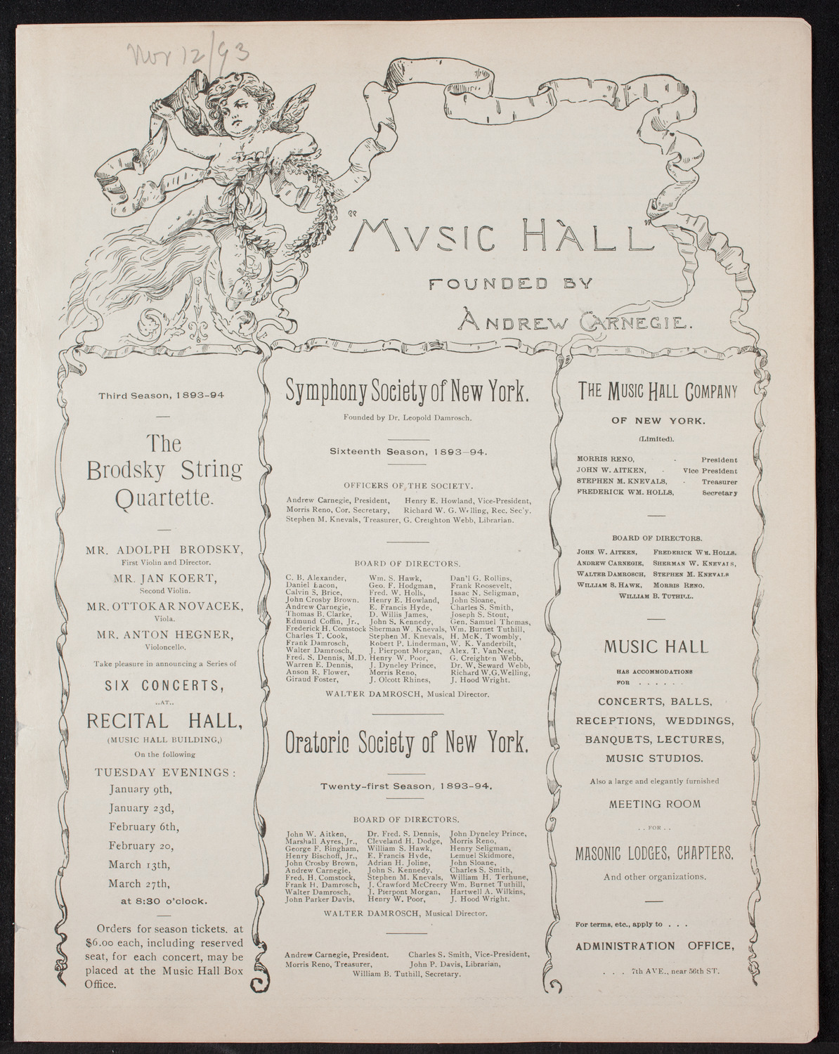Damrosch Sunday Concert, November 12, 1893, program page 1