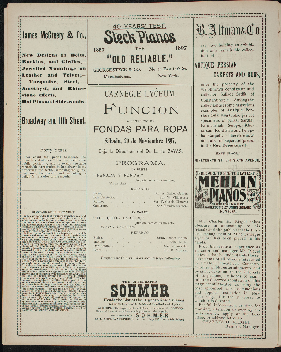 Benefit: Fondas Para Ropa, November 20, 1897, program page 4