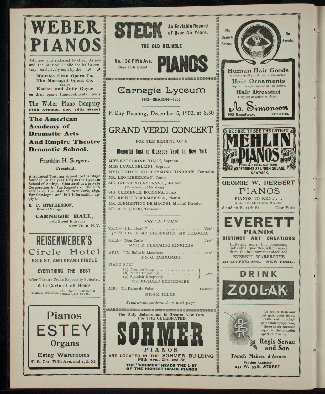 Grand Verdi Concert, December 5, 1902, program page 2