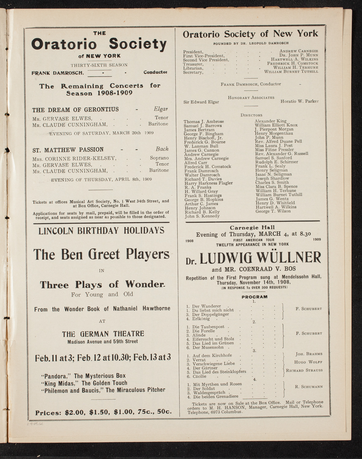 Oratorio Society of New York, February 4, 1909, program page 11