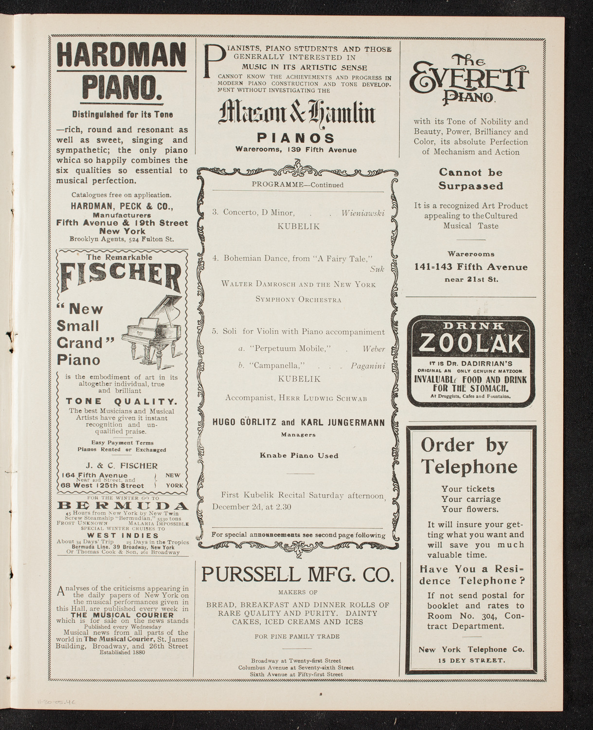 Jan Kubelik, Violin, with the New York Symphony Orchestra, November 30, 1905, program page 7