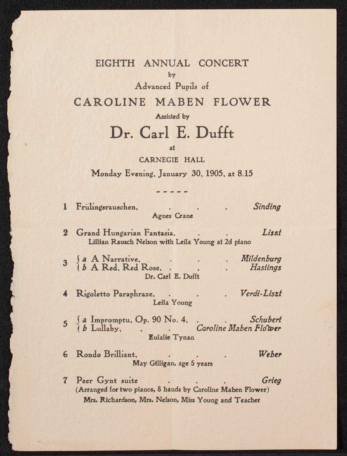 Students of Caroline Maben Flower with Carl E. Dufft, January 30, 1905, program page 1