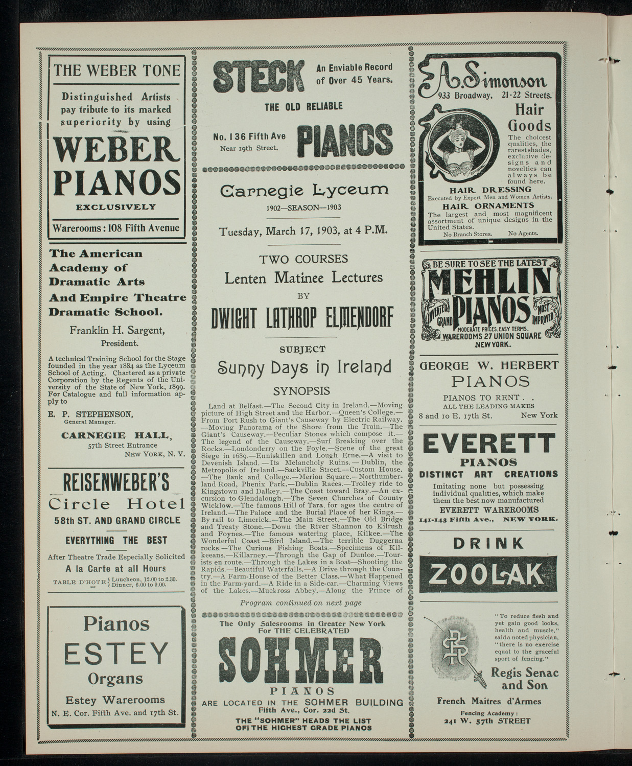 Elmendorf Lecture: Sunny Days in Ireland, March 17, 1903, program page 2
