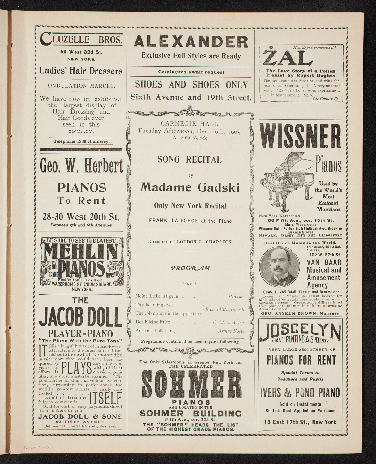 Johanna Gadski, Soprano, December 26, 1905, program page 5