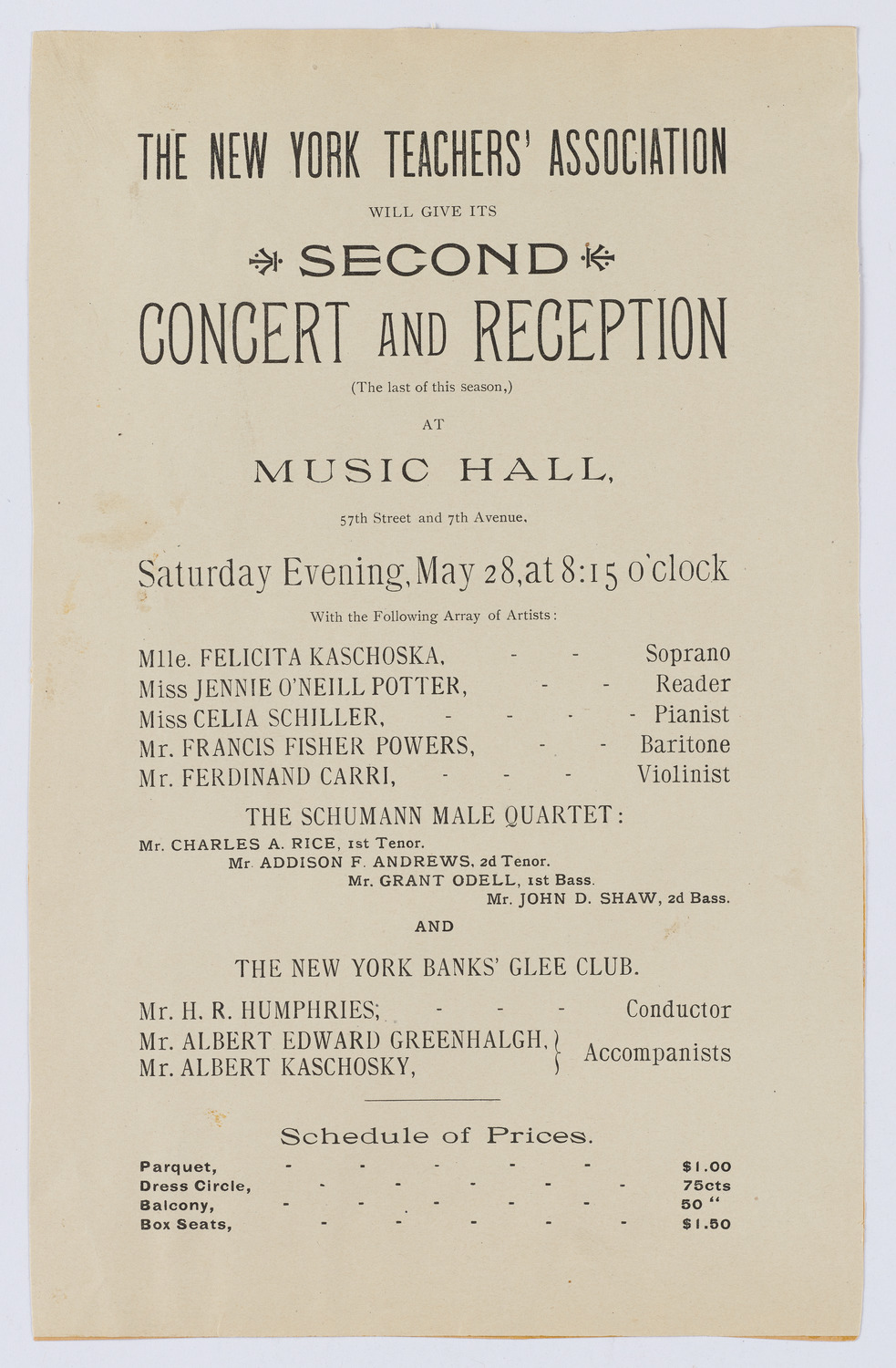 New York Teachers' Association Concert and Reception, May 28, 1892