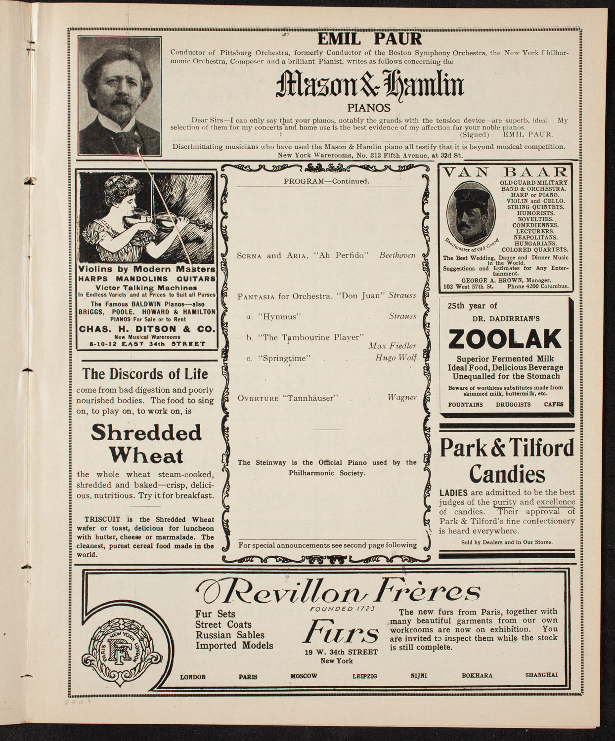 New York Philharmonic, February 3, 1910, program page 7