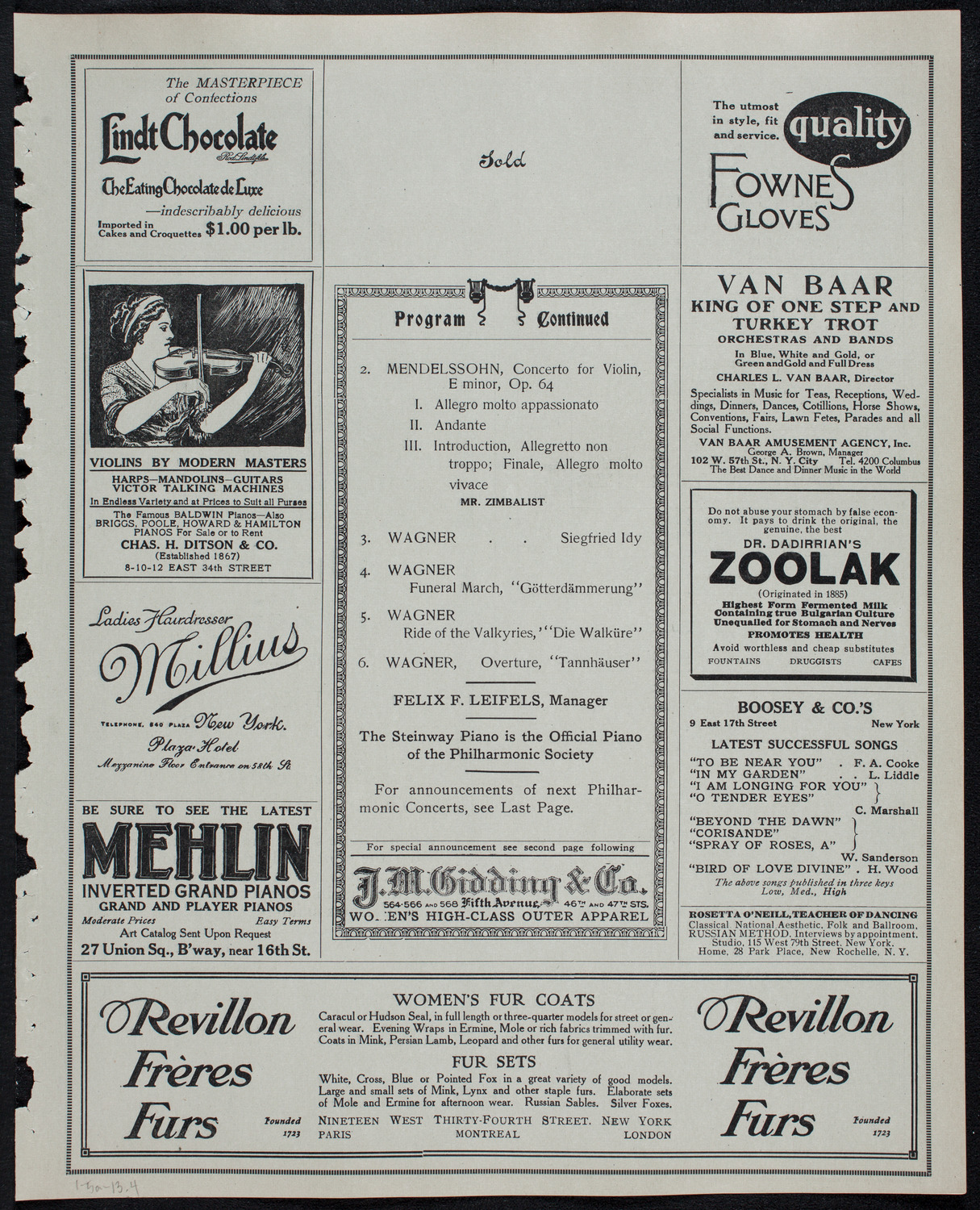 New York Philharmonic, January 5, 1913, program page 7