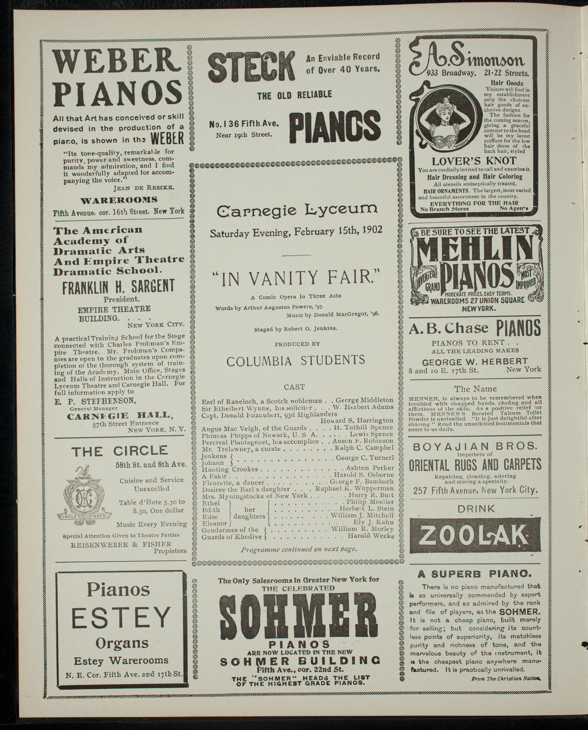 Columbia University Varsity Show, February 15, 1902, program page 2