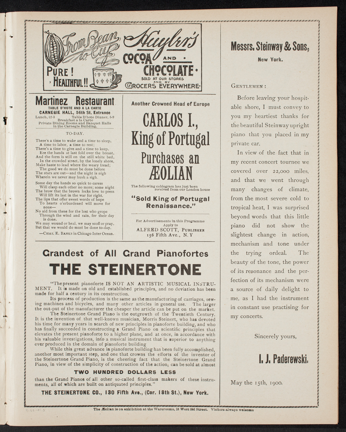 Teresa Carreño, Piano, April 22, 1901, program page 5