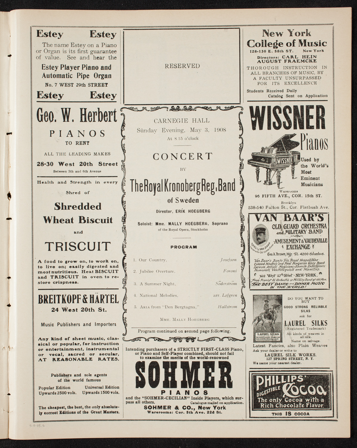 Royal Kronoberg Regimental Band, May 3, 1908, program page 5