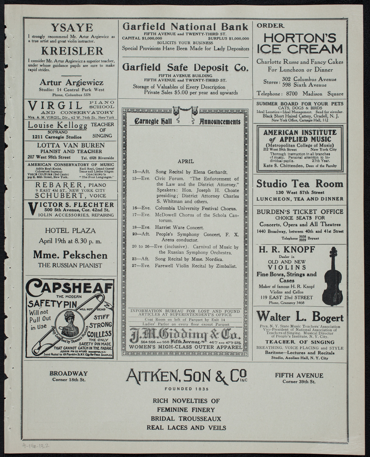 Julia Culp, Contralto, April 14, 1913, program page 3