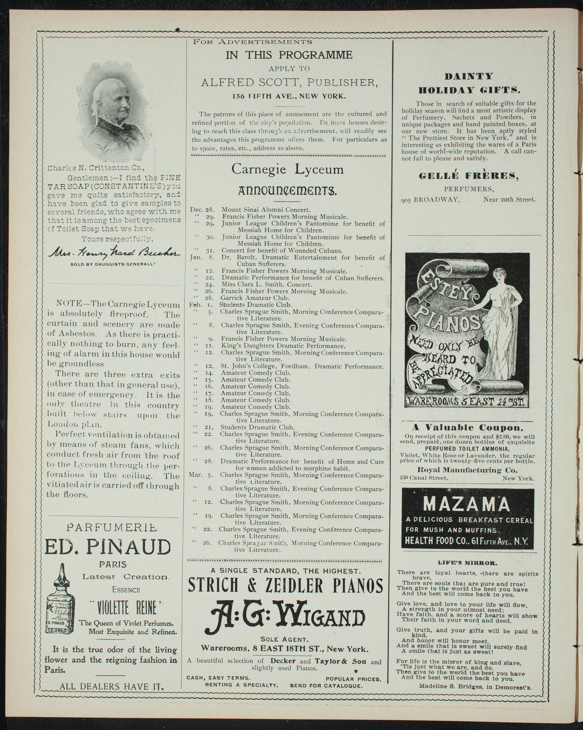Benefit Performance for the Church Settlement Club featuring The Merrymakers, December 27, 1897, program page 2