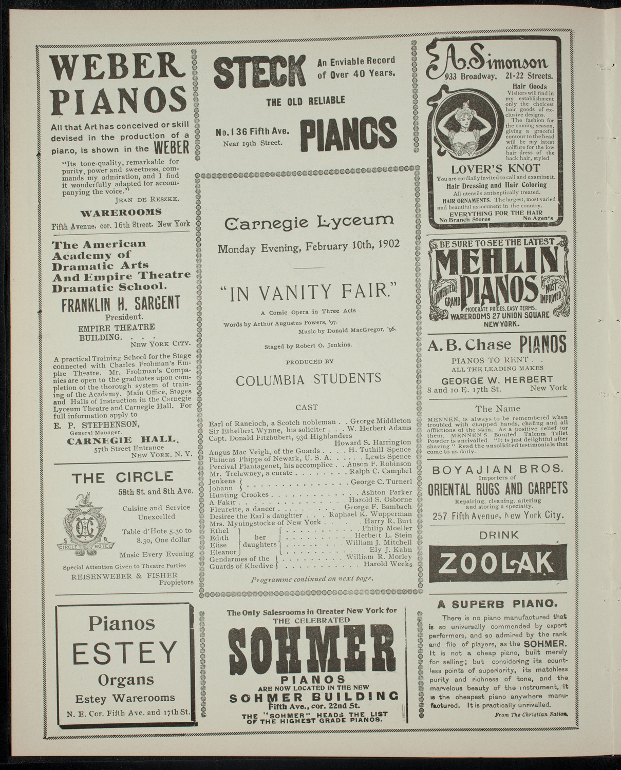 Columbia University Varsity Show, February 10, 1902, program page 2