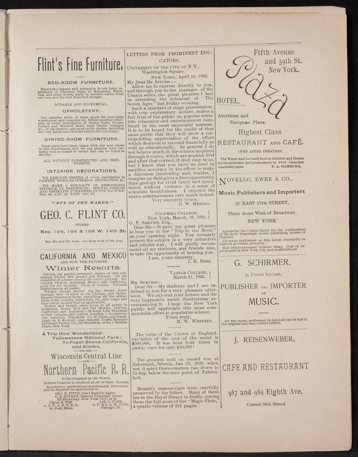 Urania Scientific Theatre, April 20, 1892, program page 9