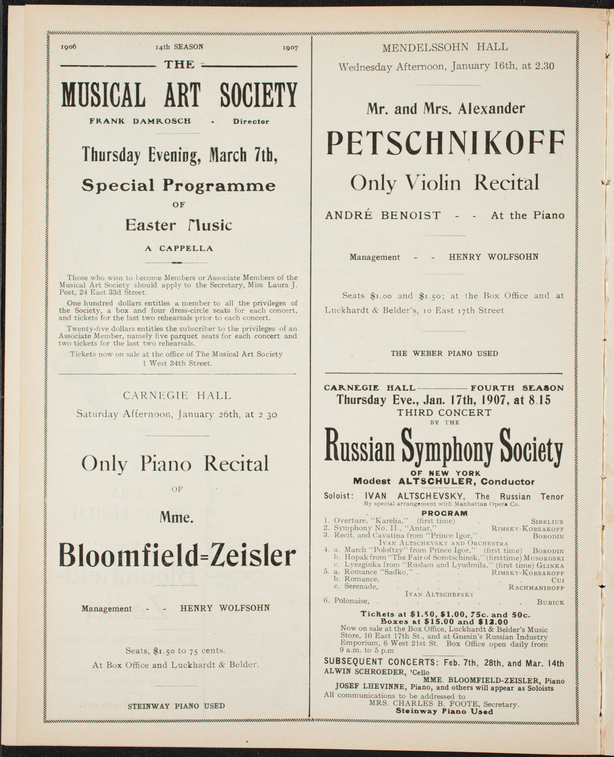 Boston Symphony Orchestra, January 10, 1907, program page 10