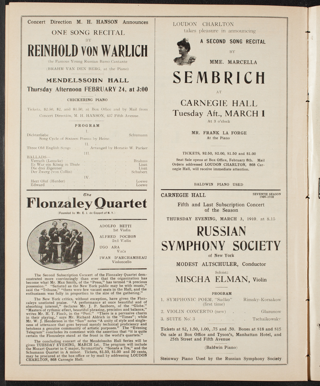 New York Philharmonic, February 17, 1910, program page 10