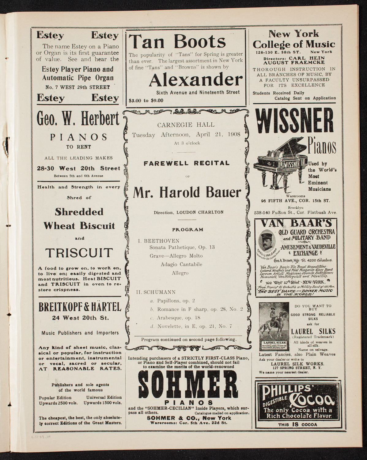 Harold Bauer, Piano, April 21, 1908, program page 5
