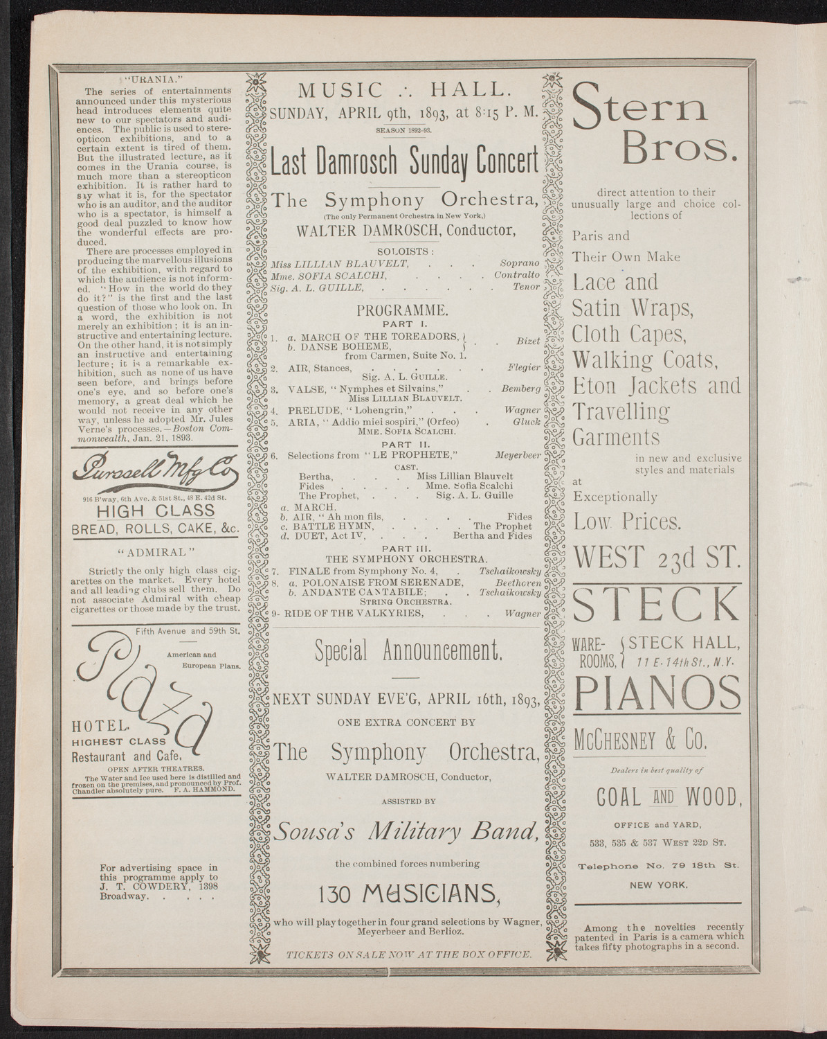 Damrosch Sunday Concert, April 9, 1893, program page 4
