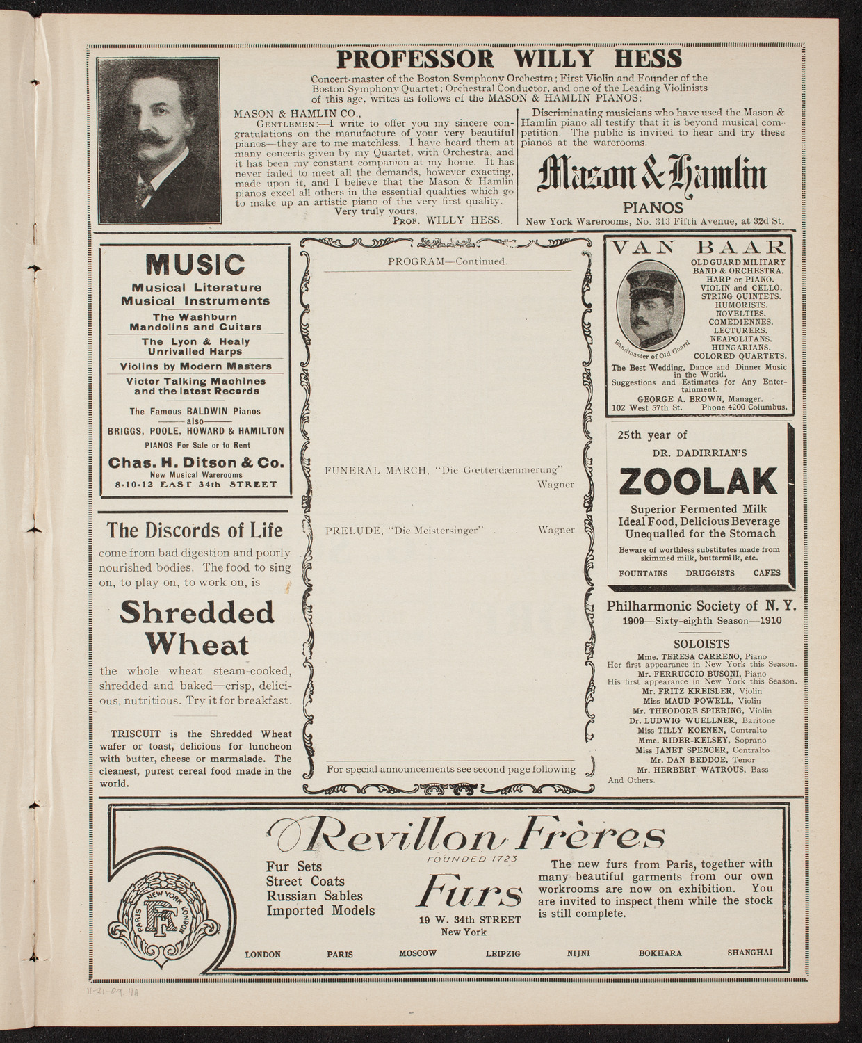 New York Philharmonic, November 21, 1909, program page 7