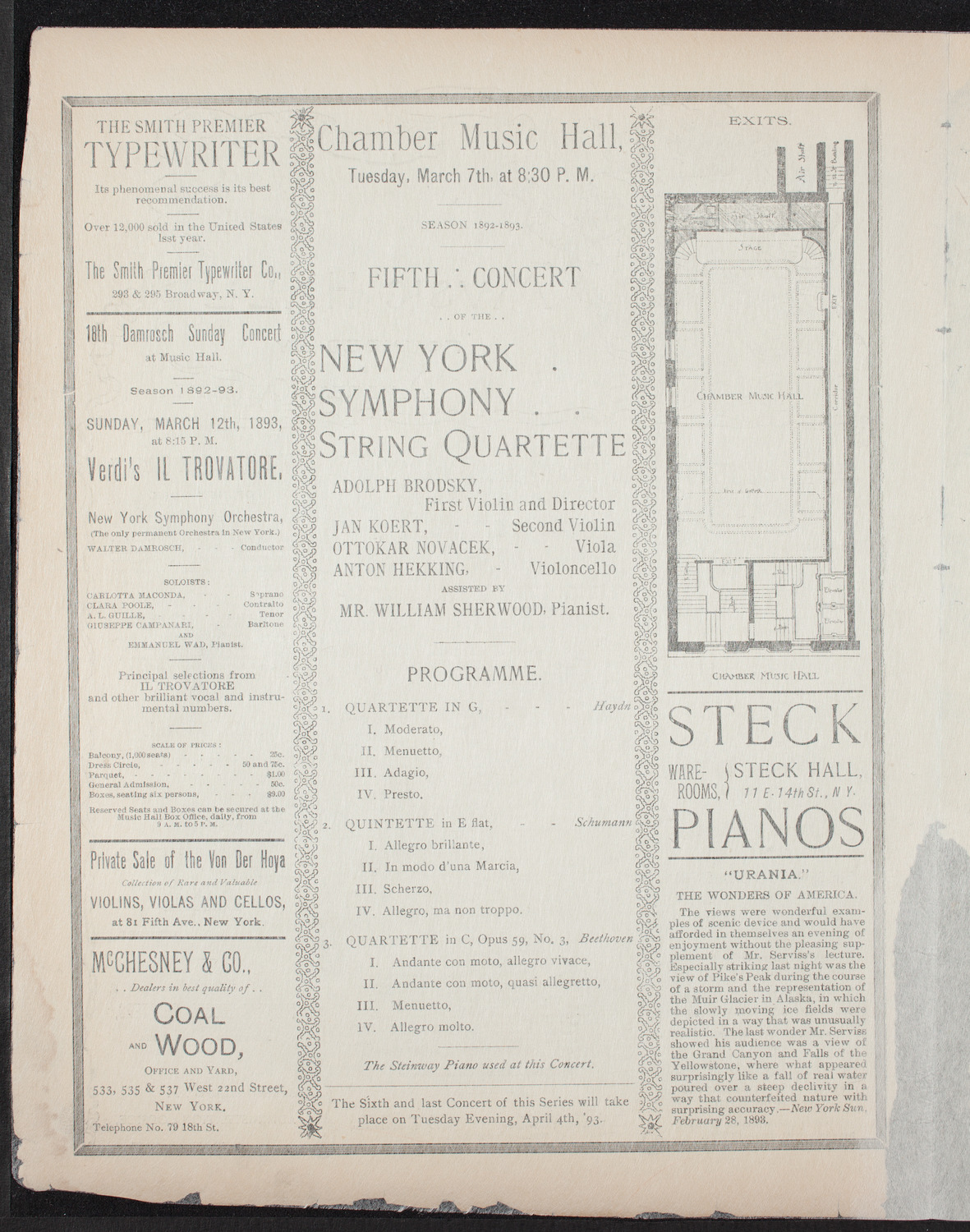 New York Symphony String Quartet, March 7, 1893, program page 2