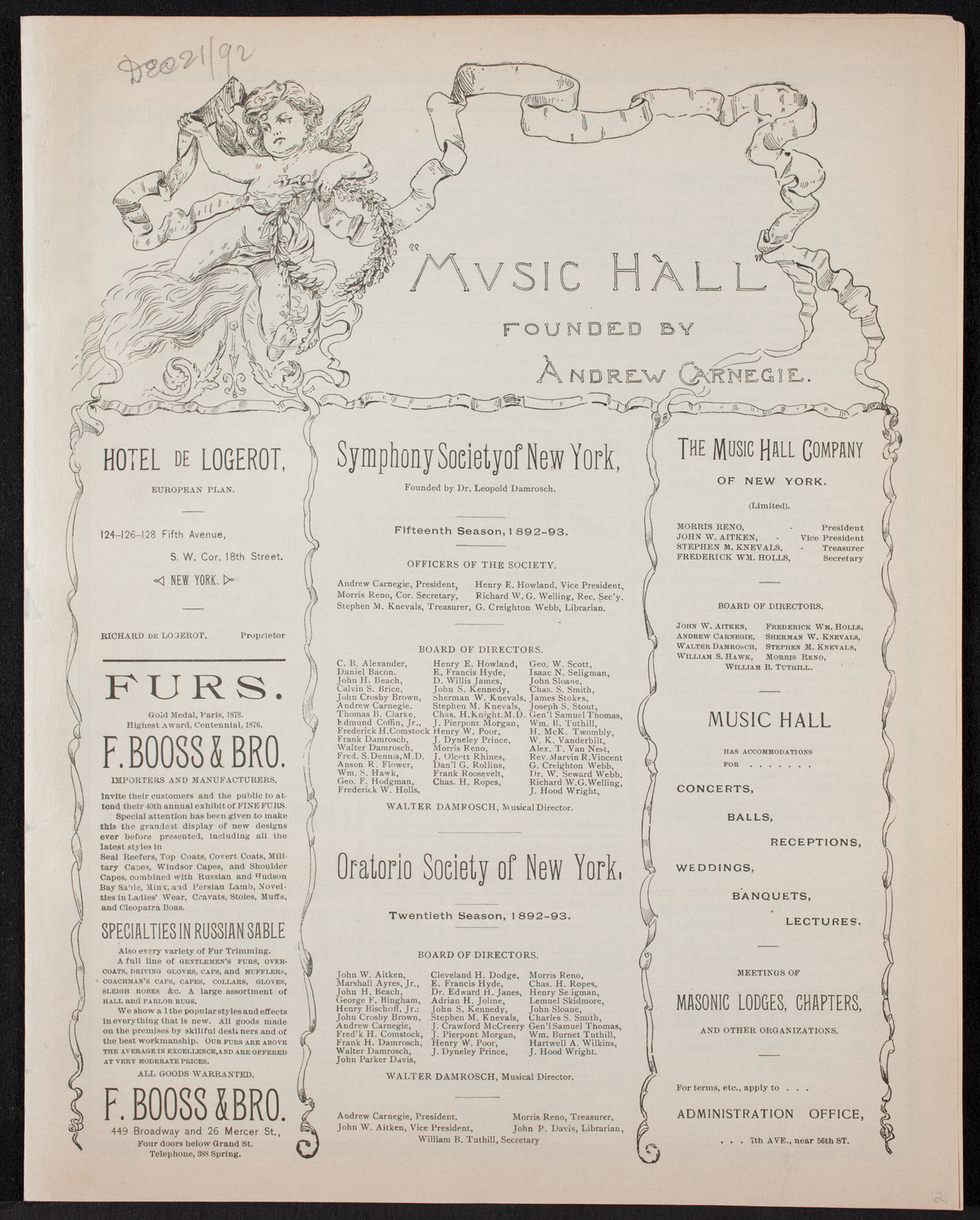 Madame Lineff's Russian Choir, December 21, 1892, program page 1