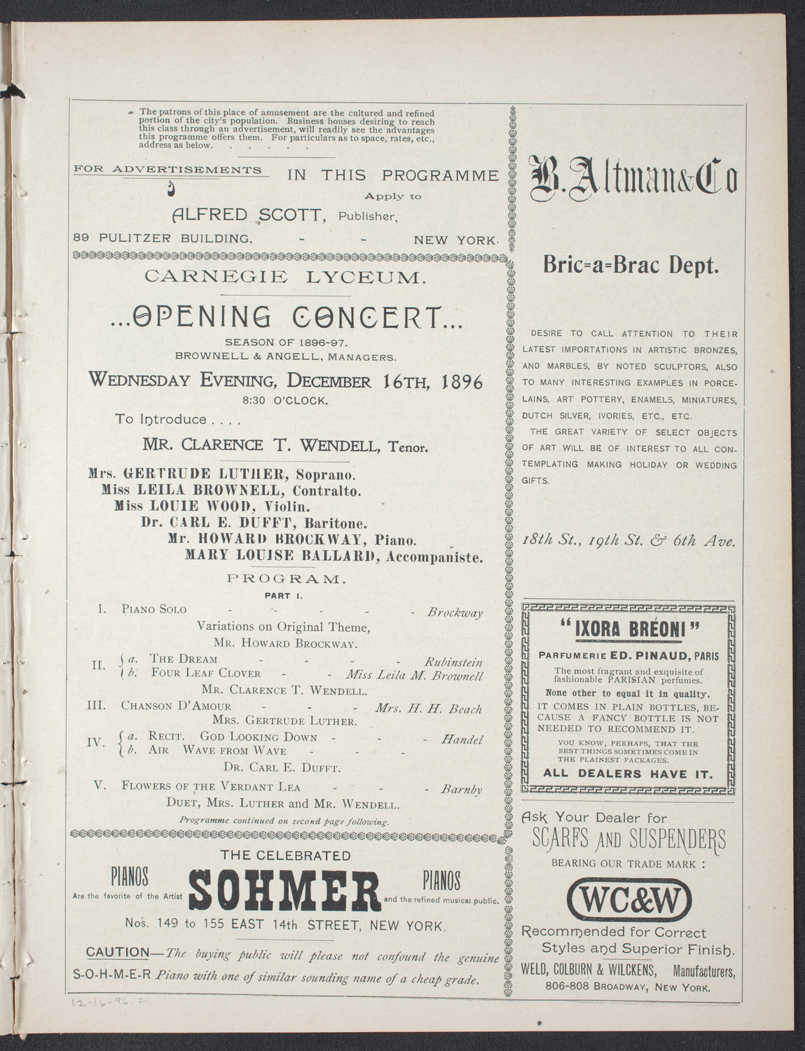 Opening Concert to Introduce Clarence T. Wendell, December 16, 1896, program page 3