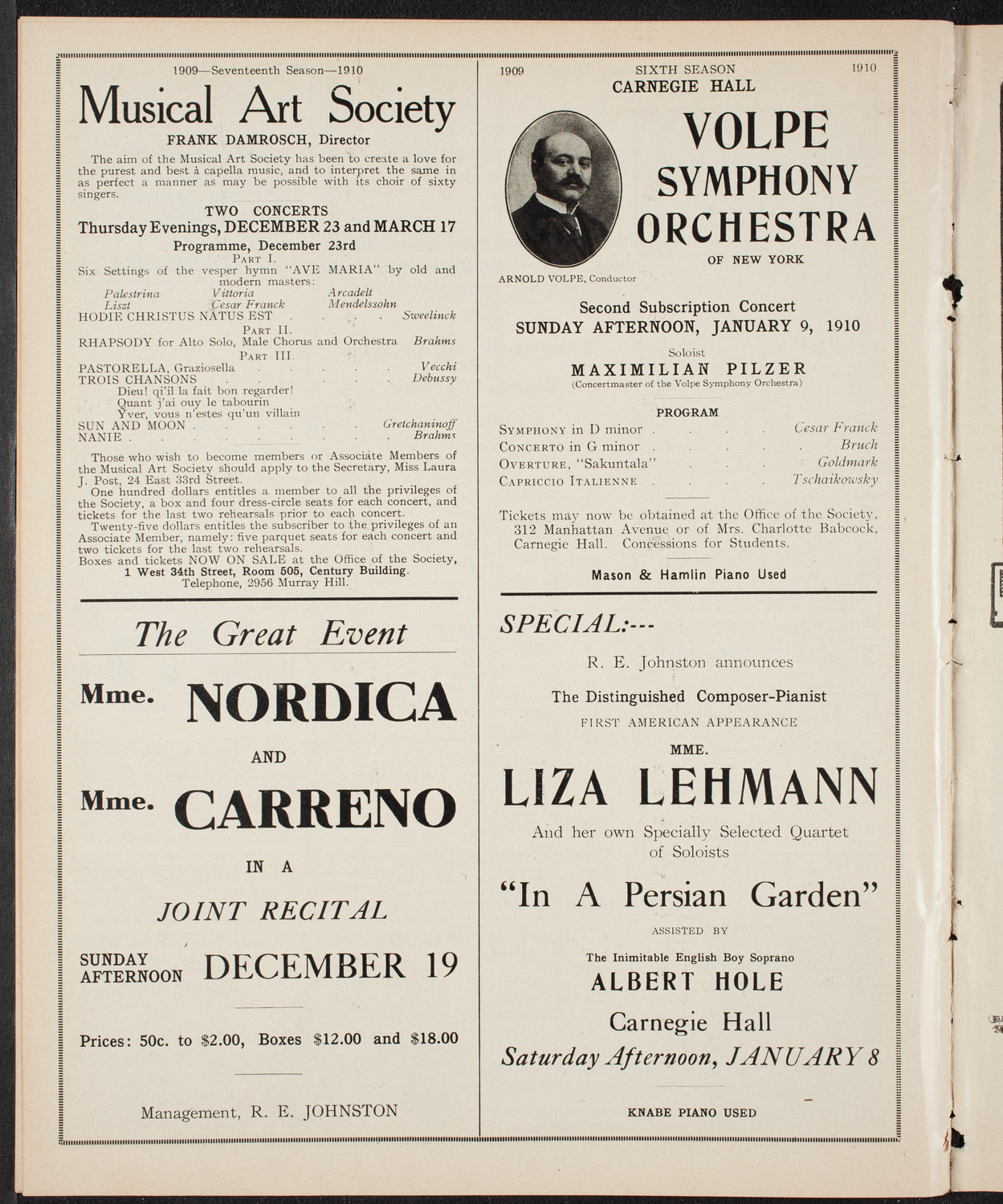 Volpe Symphony Society of New York, December 5, 1909, program page 10