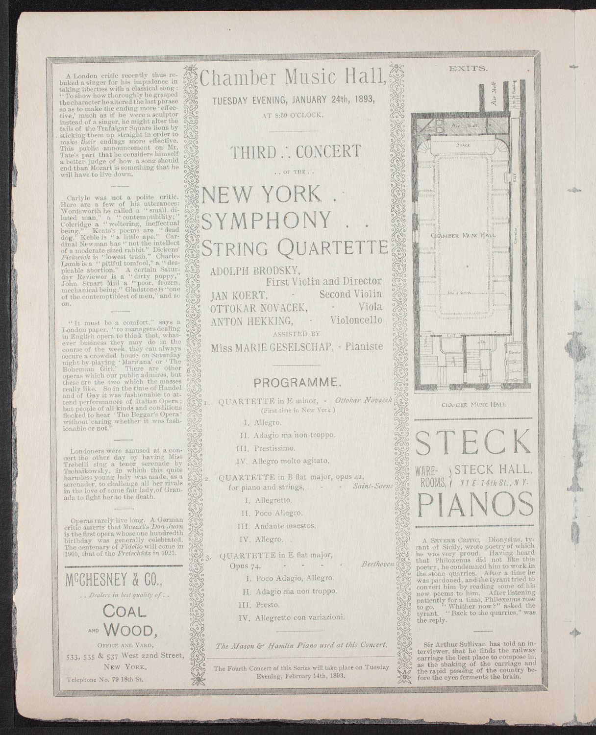 New York Symphony String Quartet, January 24, 1893, program page 2