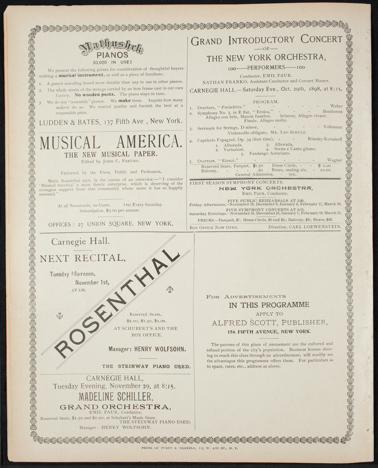 Moriz Rosenthal, Piano, October 29, 1898, program page 8