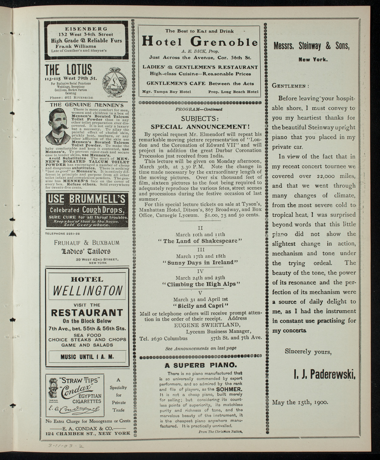 Elmendorf Lecture: The Land of Shakespeare, March 11, 1903, program page 3