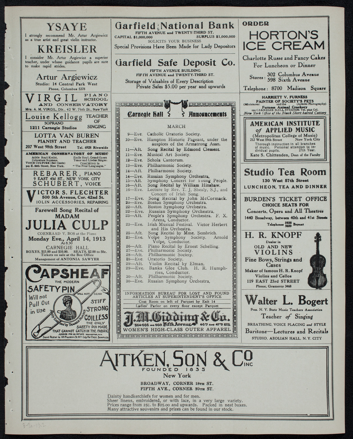 New York Philharmonic, March 9, 1913, program page 3