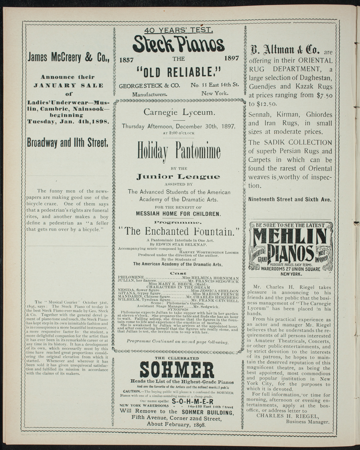 Holiday Pantomime by the Junior League, December 30, 1897, program page 4