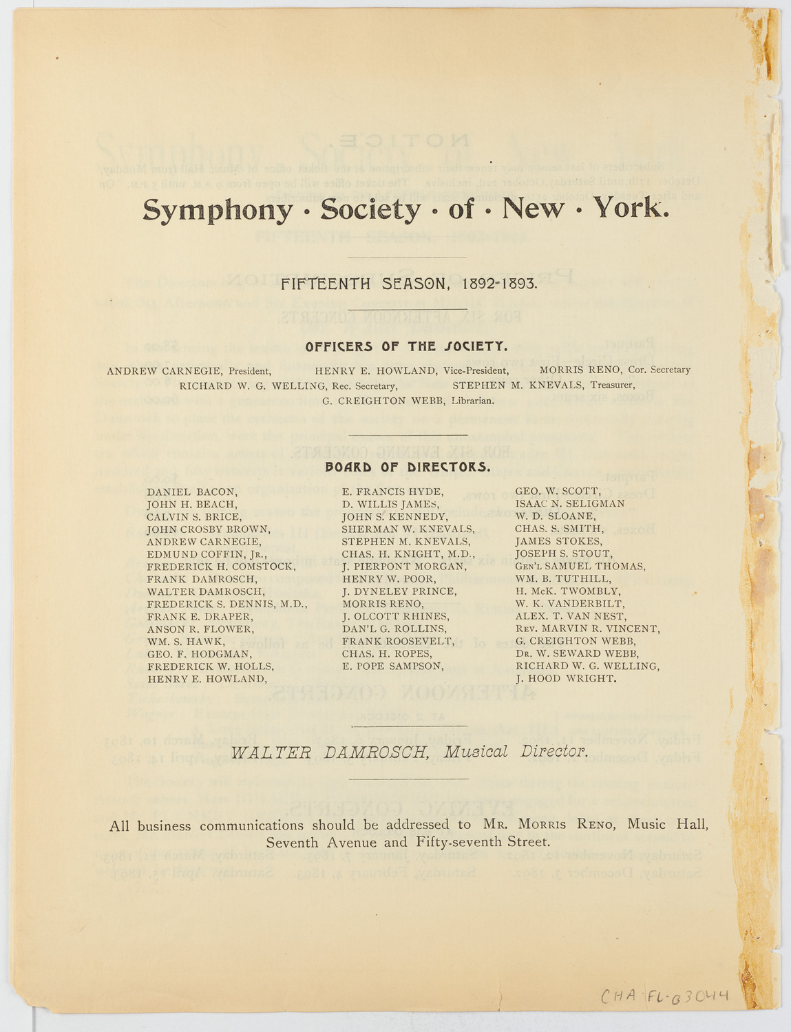 New York Symphony Orchestra, 1892-1893