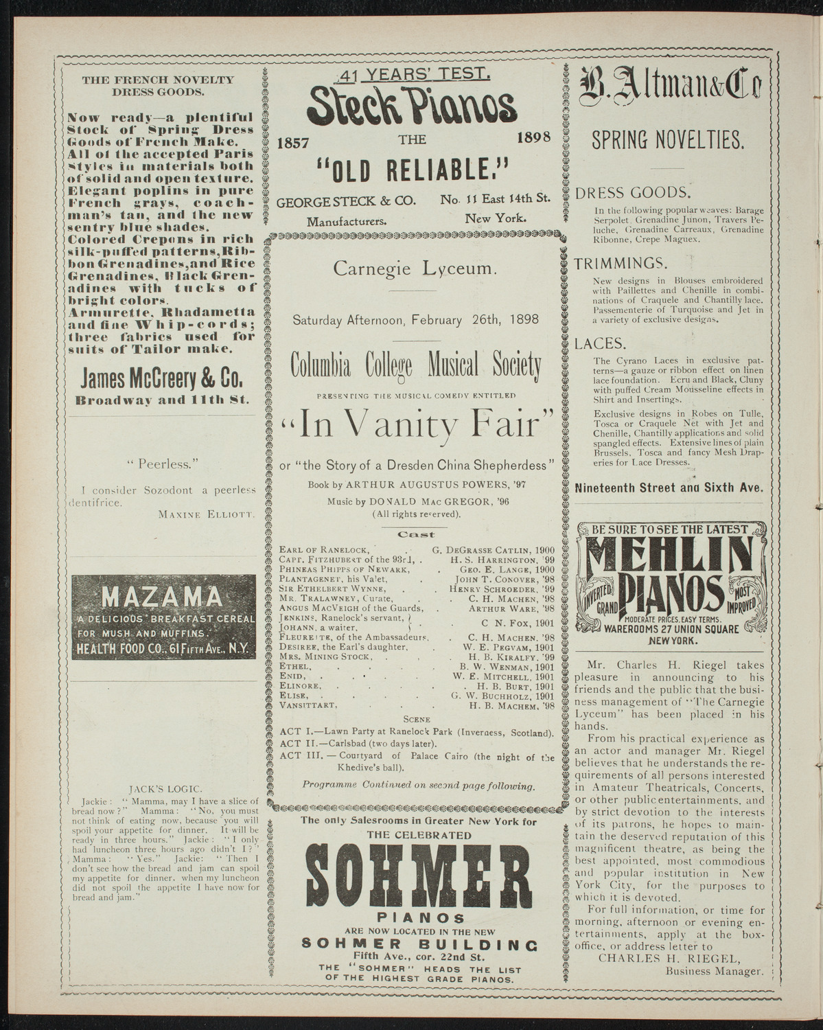 Columbia College Musical Society, February 26, 1898, program page 4