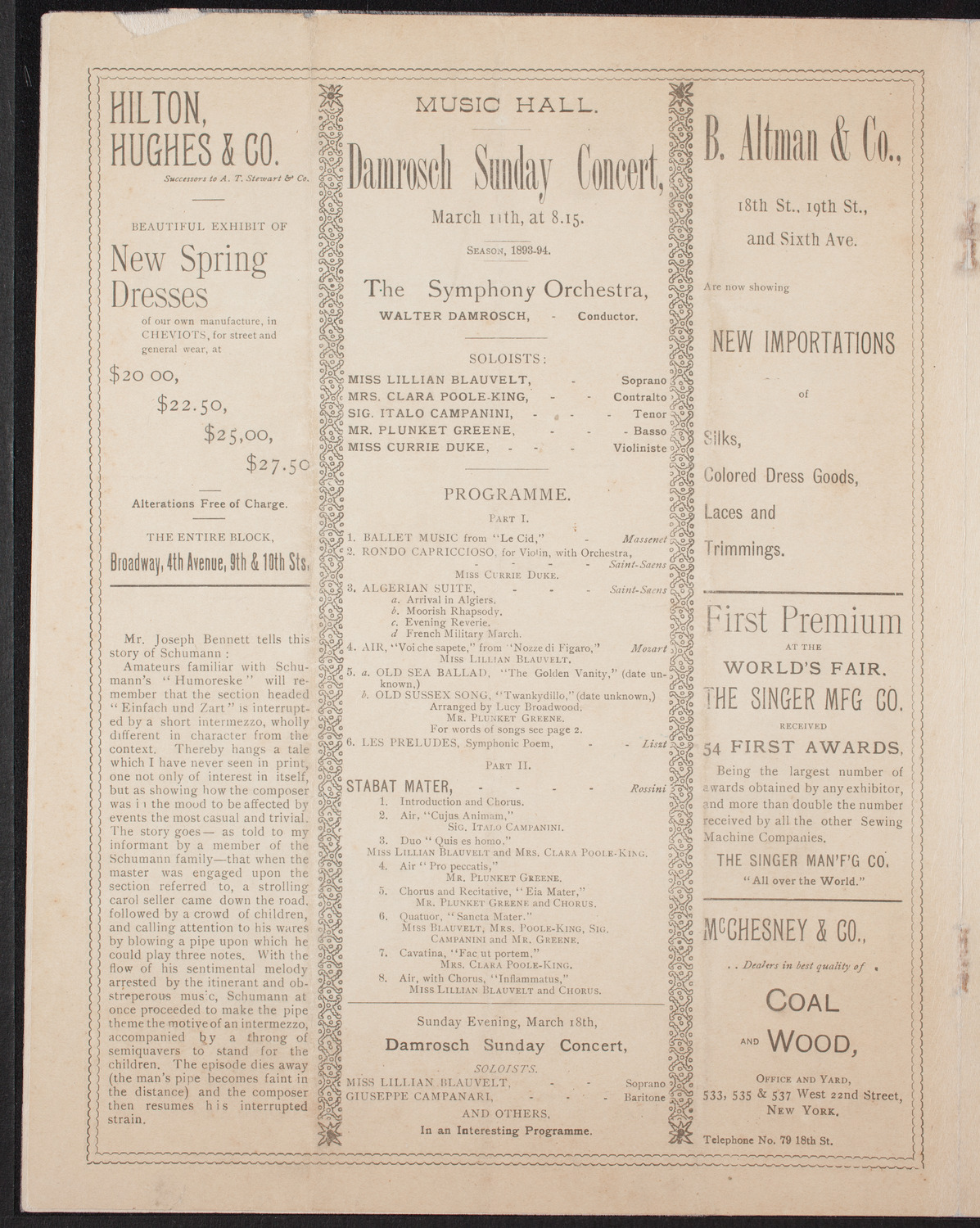 Damrosch Sunday Concert, March 11, 1894, program page 4