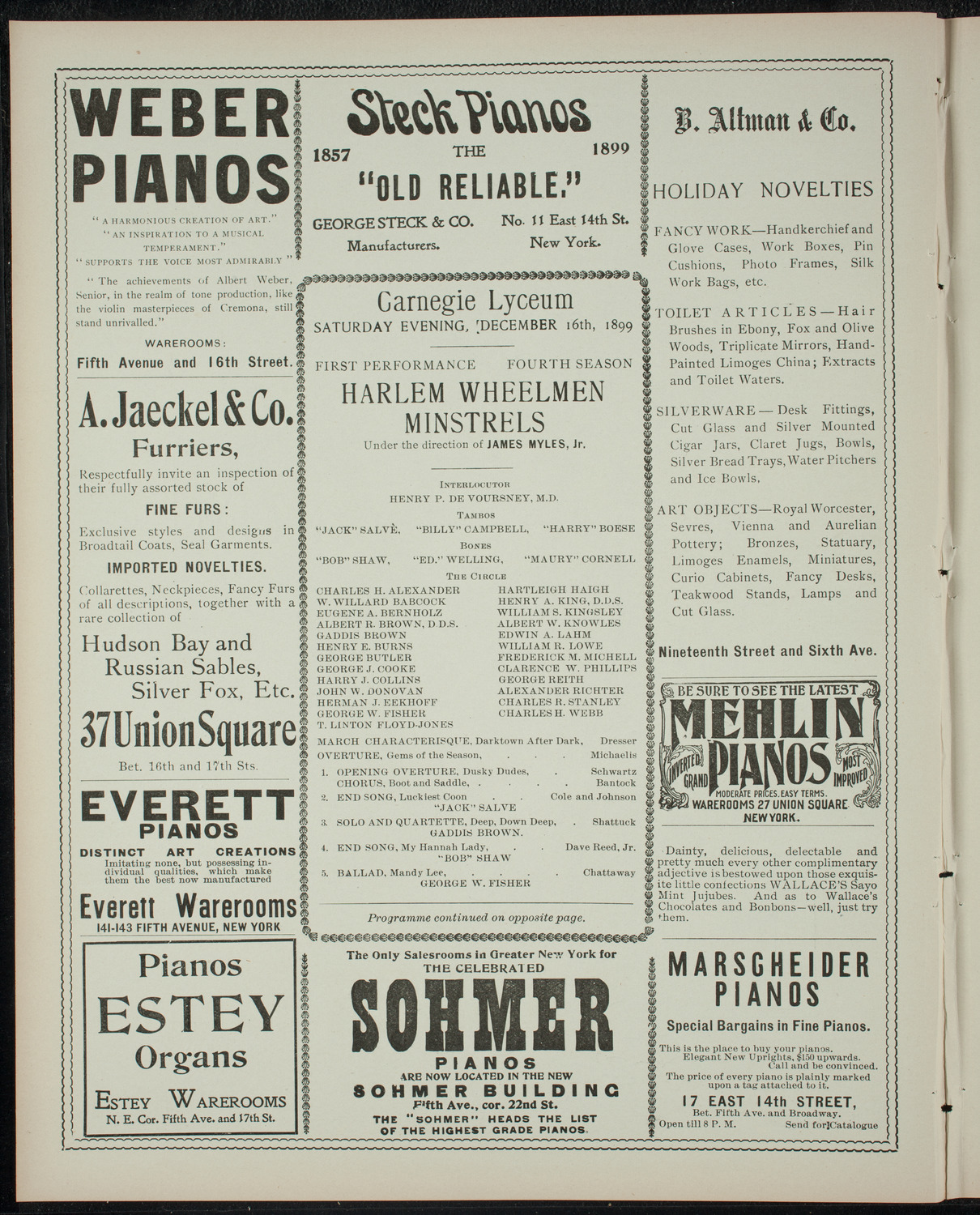 Harlem Wheelmen Minstrels, December 16, 1899, program page 2