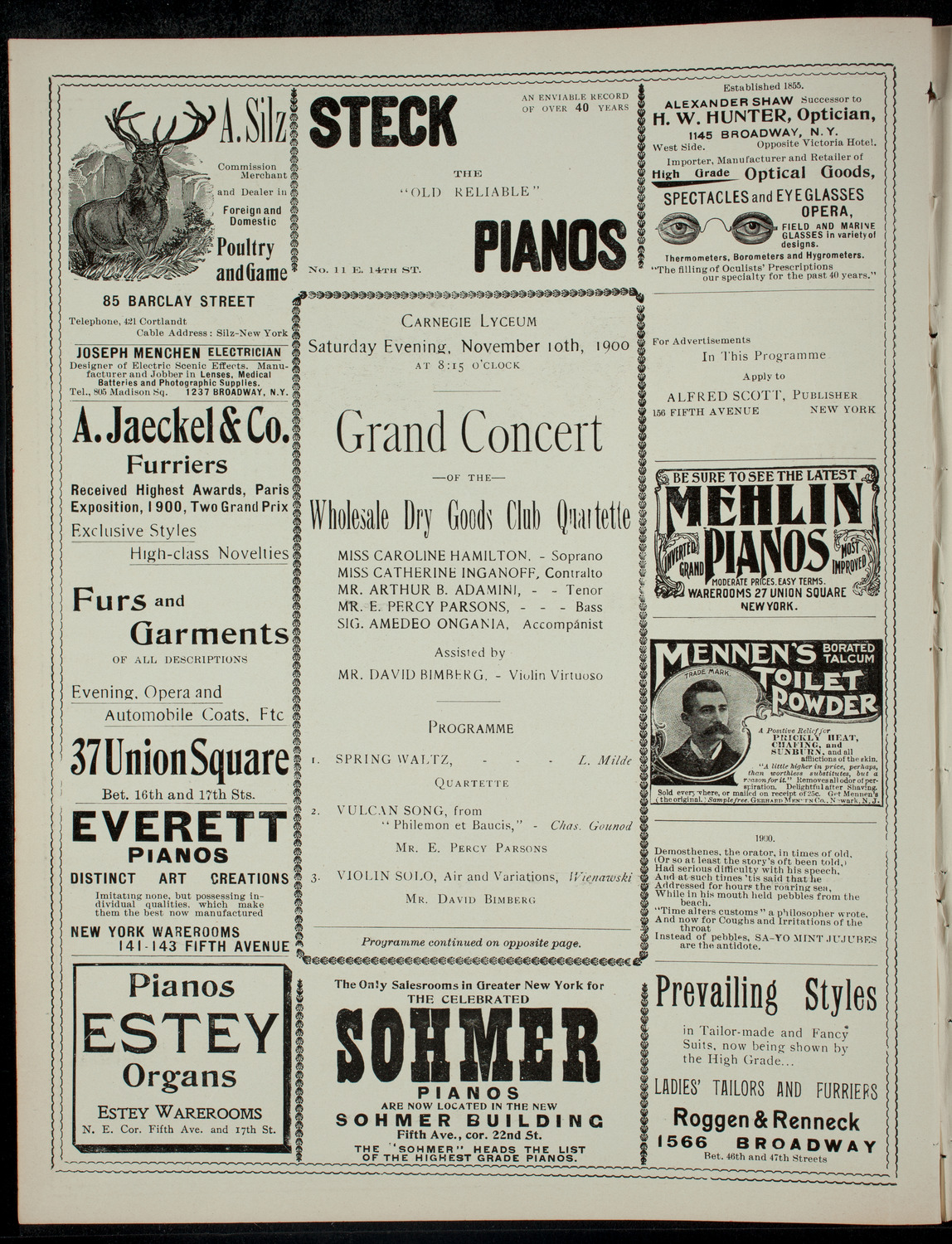 Grand Concert of the Wholesale Dry Goods Club Quartette, November 10, 1900, program page 2