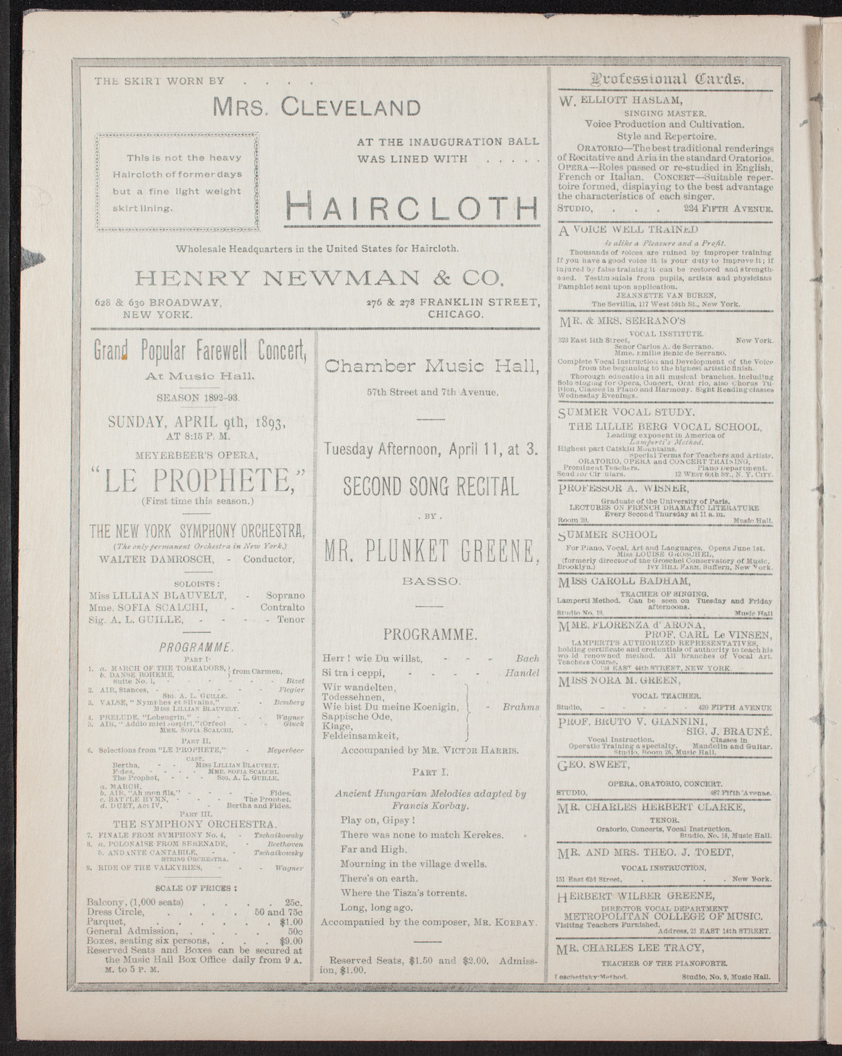 Grand Wagner Concert/ Benefit: Italian Mission, Church of San Salvatore, April 7, 1893, program page 2