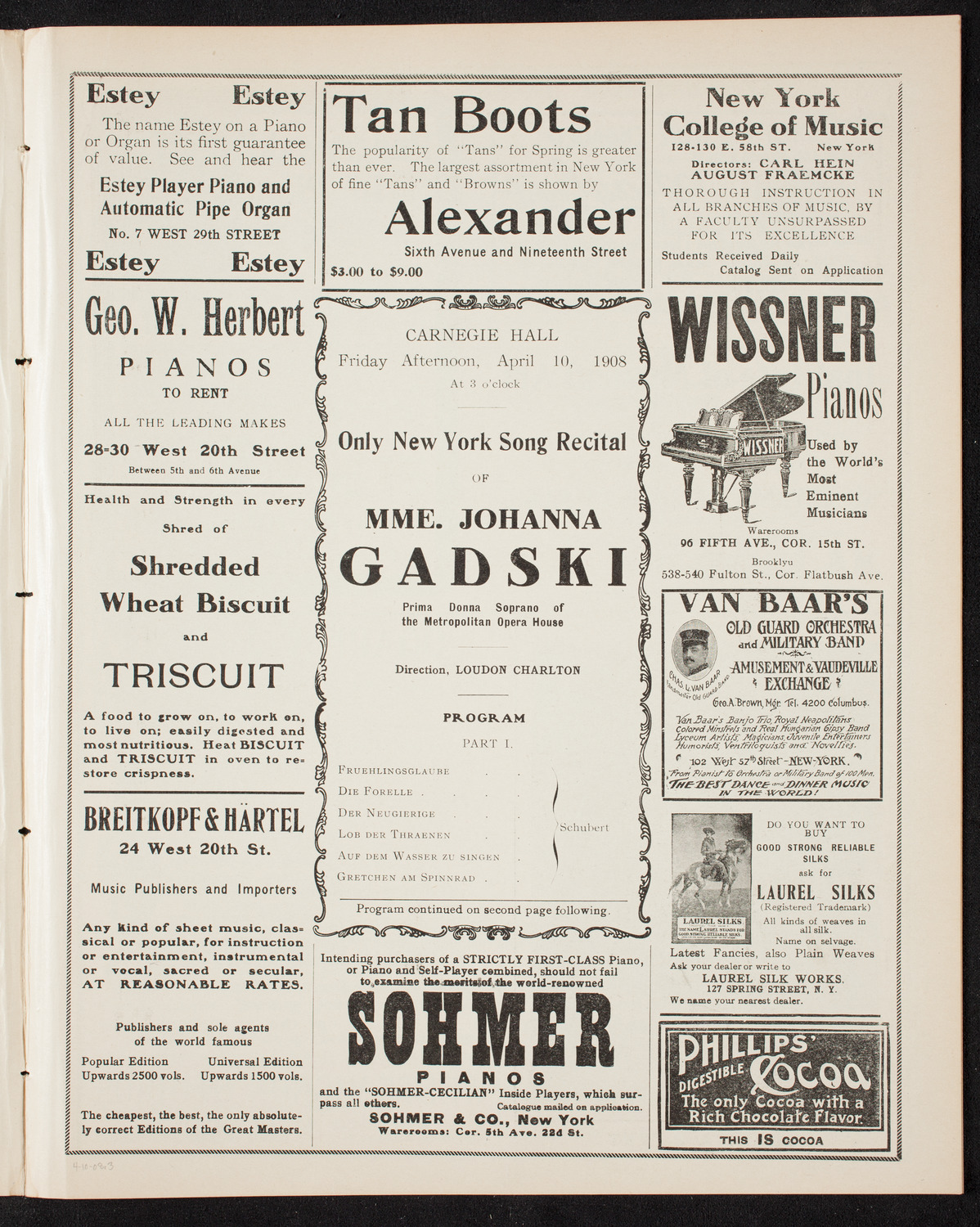 Johanna Gadski, Soprano, April 10, 1908, program page 5