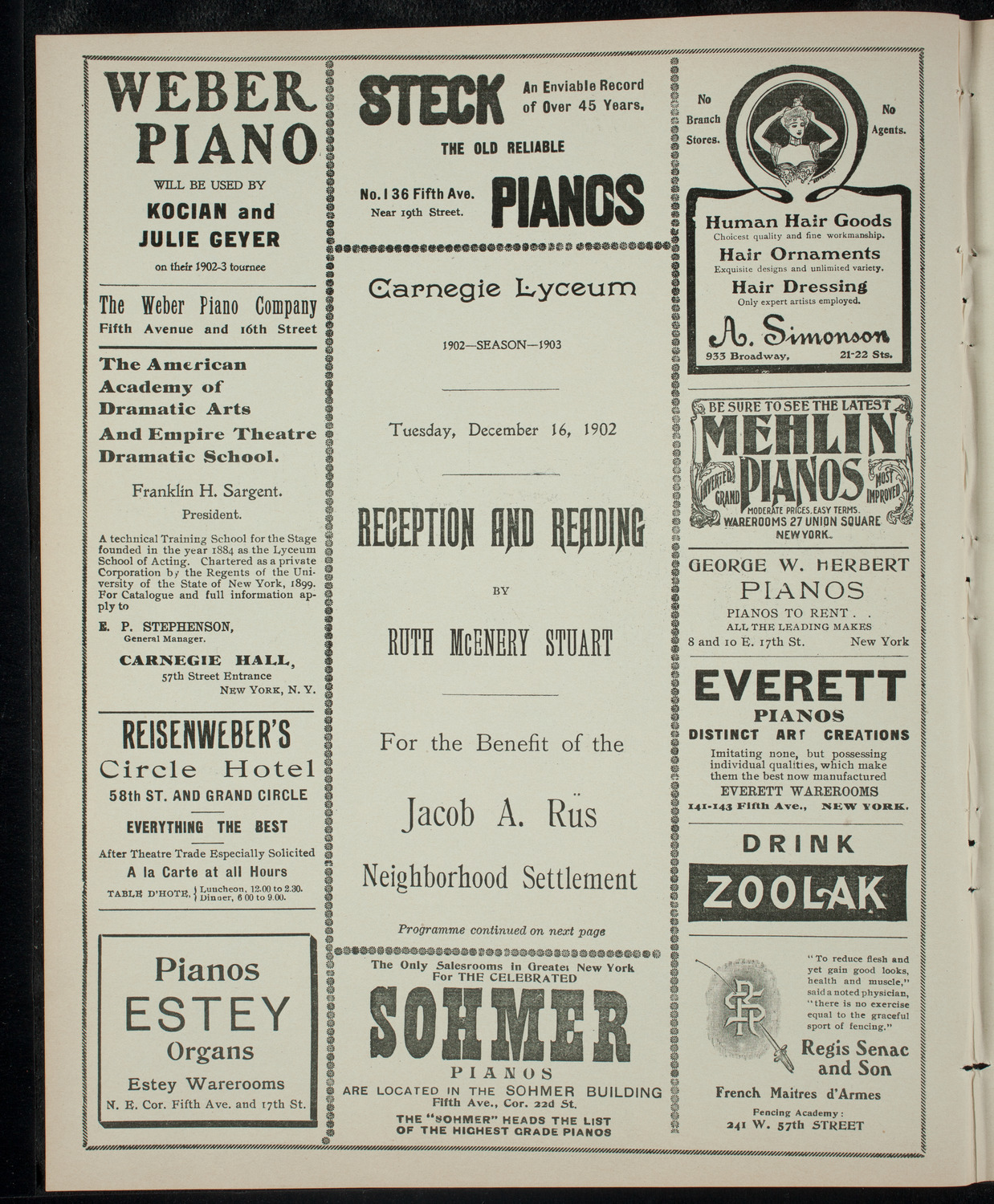 Benefit: Jacob A. Riis Neighborhood Settlement, December 16, 1902, program page 2