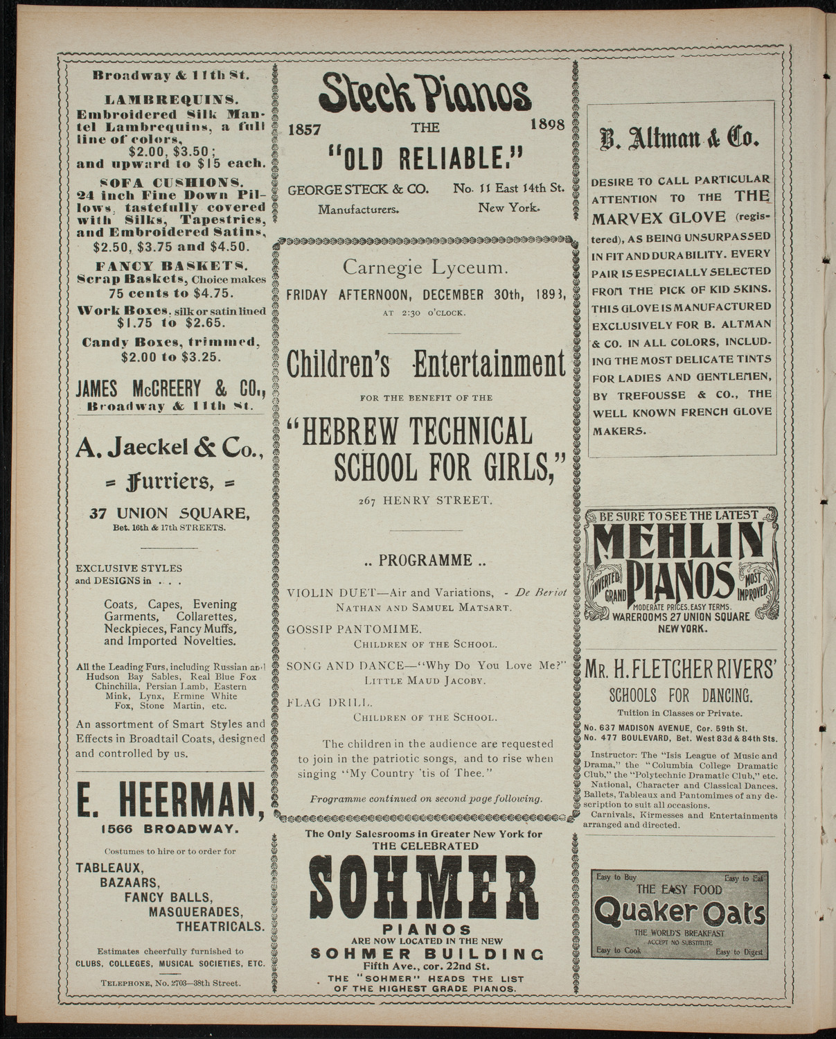 Benefit: Hebrew Technical School for Girls, December 30, 1898, program page 4