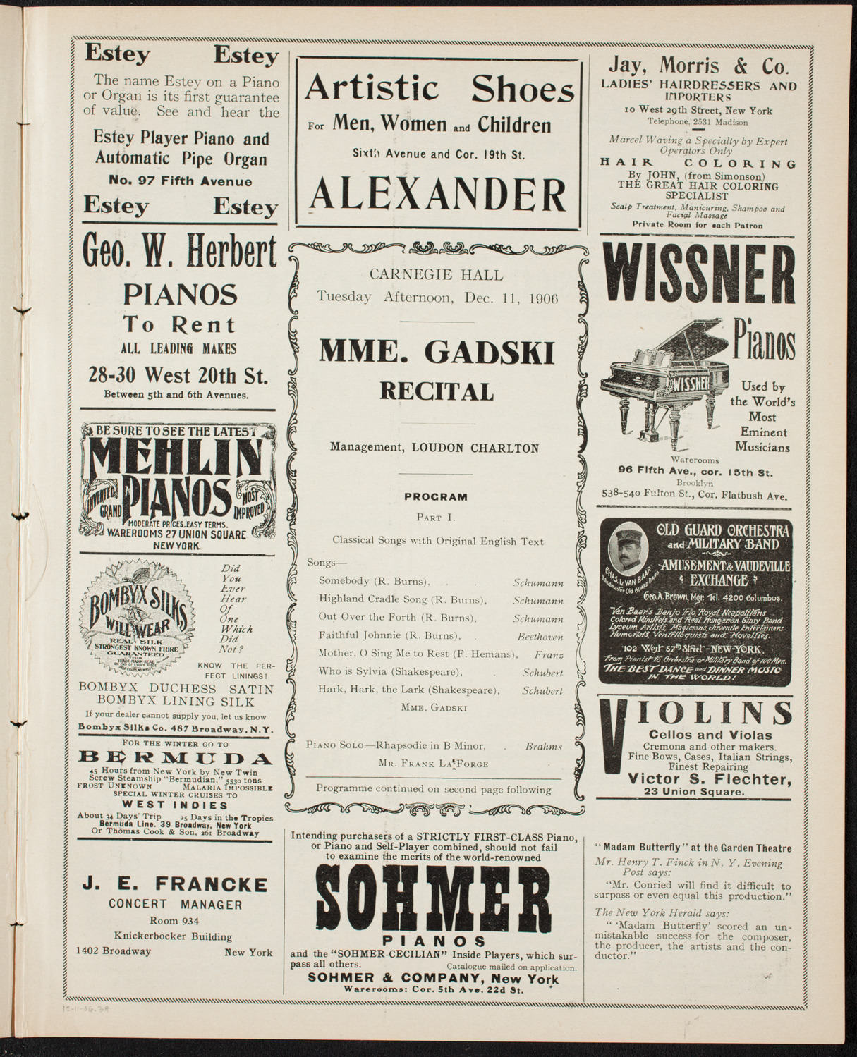 Johanna Gadski, Soprano, December 11, 1906, program page 5